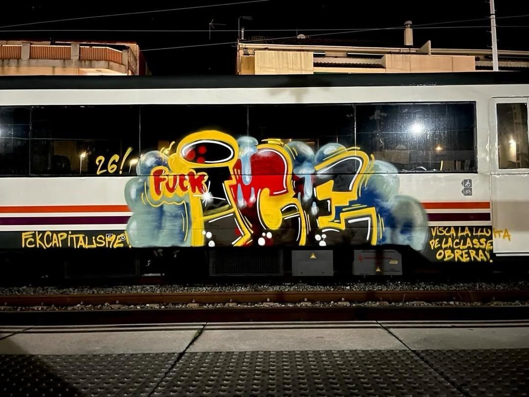 "Fuck Capitalism, Fuck ICE, Long live the working class struggle!" Train graffiti seen in Barcelona.