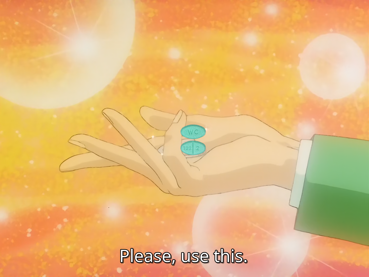 An edited screenshot of Magic Knights: Rayearth where Fuu hands people estradiol pills.