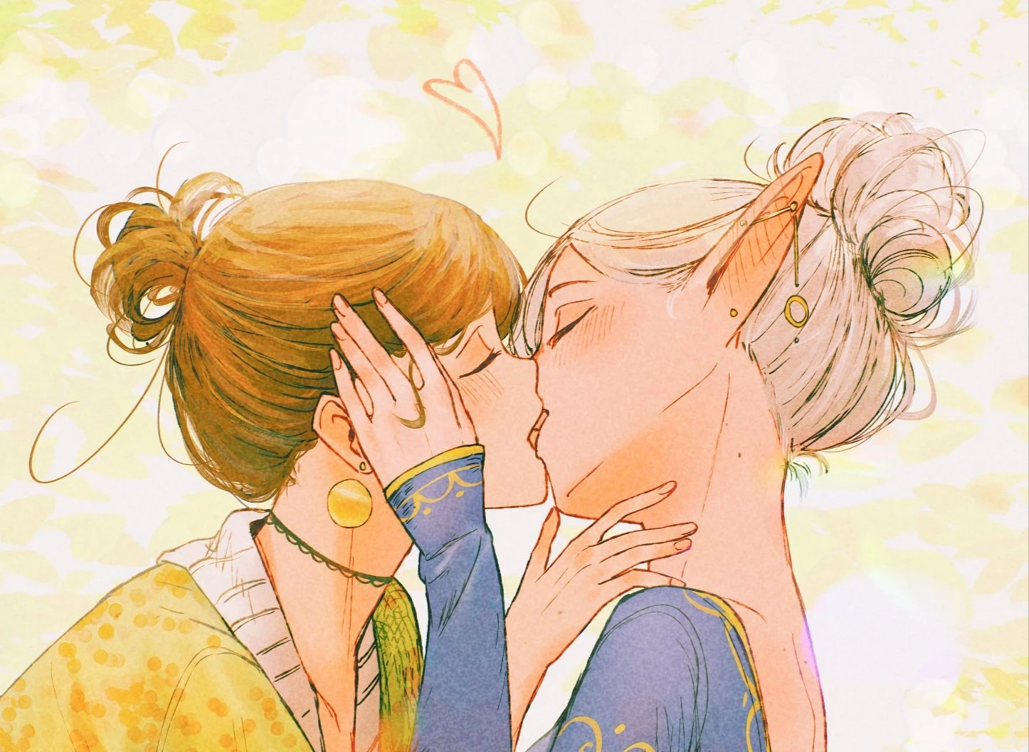 an illustration by Spindle of the characters Asimov (on the right), a half-elf with white hair tied up in a bun, and wearing a blue dress (with yellow accents and a red stripe on the bottom), sitting and kissing Ottilie (on the left), a human with short brown hair tied up in a small bun, wearing a green cardigan (with orange circles print, and white trim), white underwear, and black thighhighs (appearing green due to the tones of the art). She's in front of Asi and leaning on her, kissing back. The kiss is tongue-style