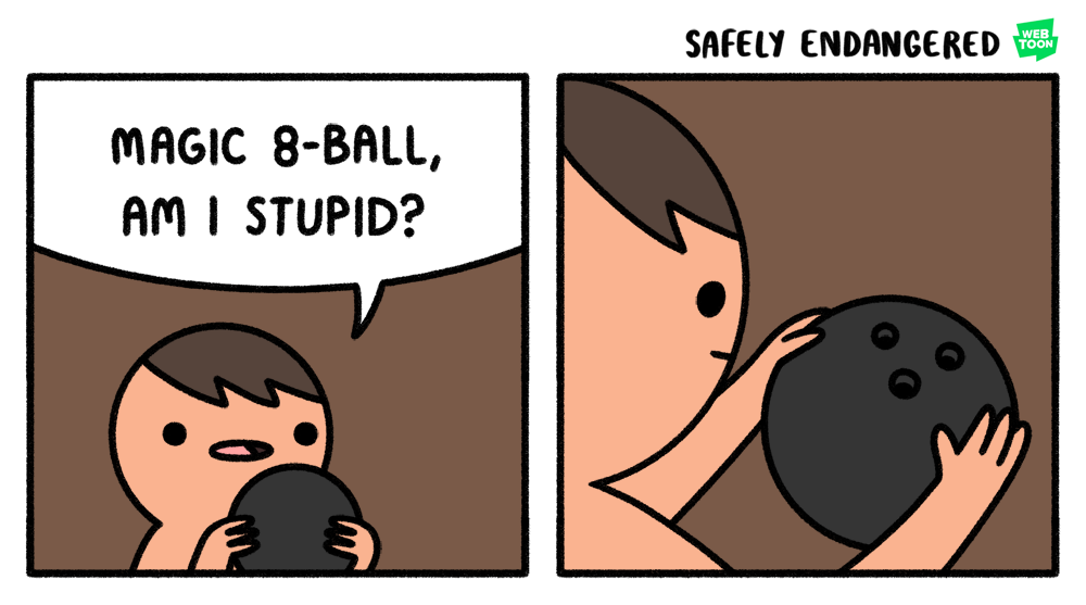 A person asking "magic 8 ball, am I stupid?" to a bowling ball