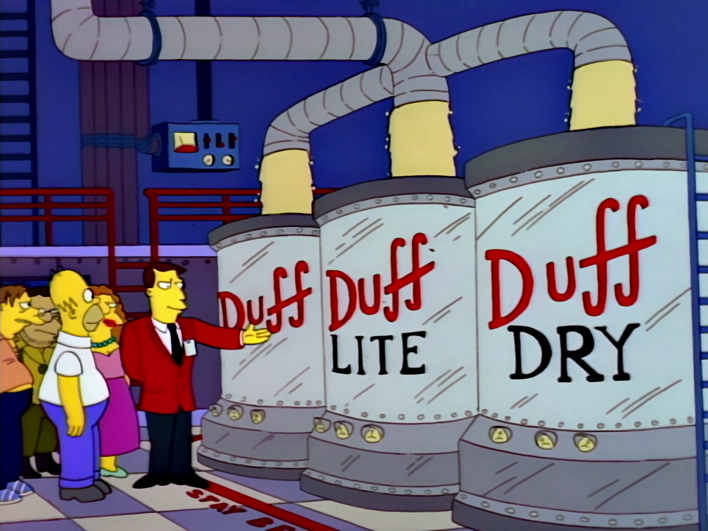 Homer Simpson on a tour of the Duff Beer brewery, being shown vats of Duff, Duff Lite and Duff Dry, all of which are filled from the same pipe