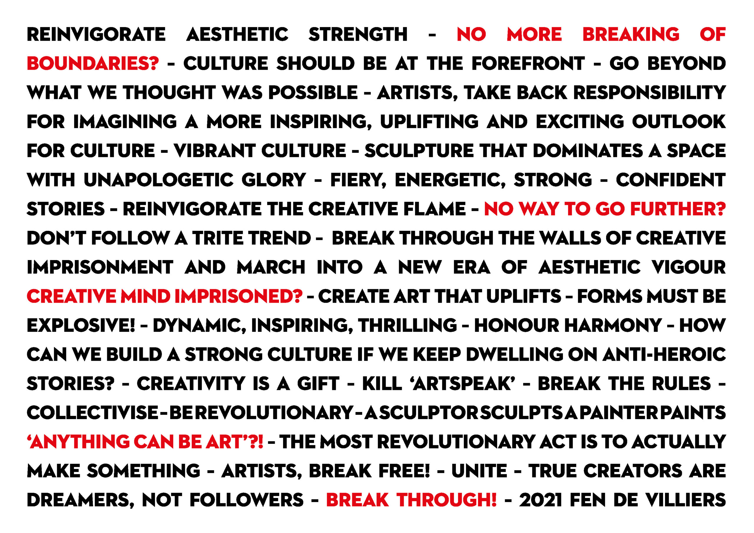 a long sequence of bullet points about vigor in art and promoting harmony
