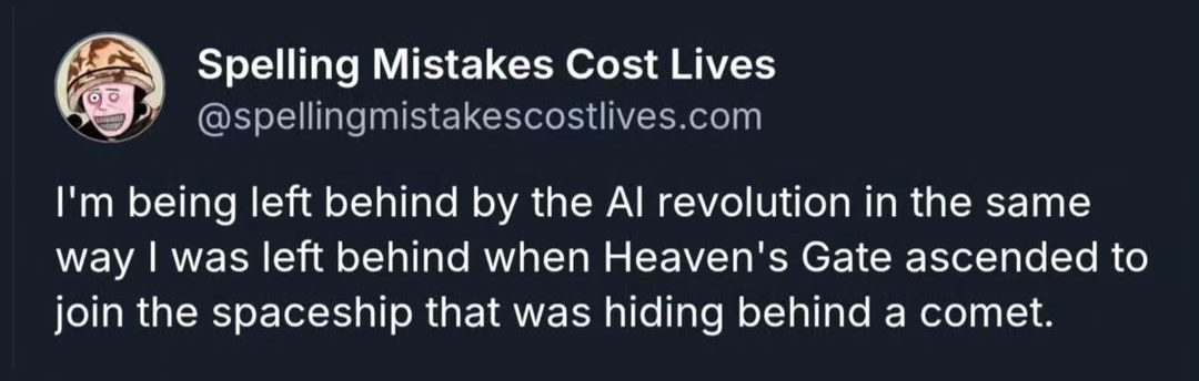 Darren Cullen: "I'm being left behind by the AI revolution in the same way that I was left behind when Heaven's Gate ascended to join the spaceship that was hiding behind a comet"