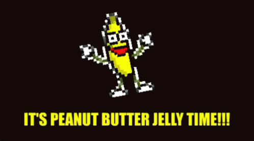 Pixelated banana dancing and saying it's peanut butter jelly time