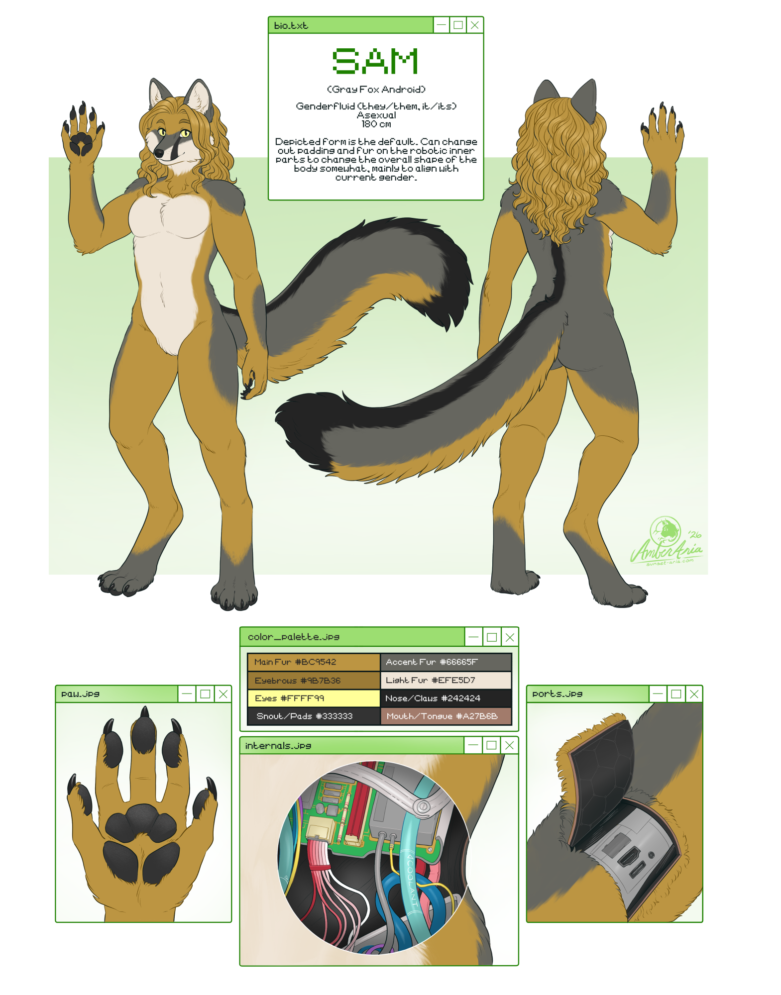 A reference sheet of an anthro gray fox android. Their fur is a mix of off-white, light brown and grays of varying darkness. Their are two views of the body as a whole (one front, one back) and a set of close-ups on important details, stylised as computer windows. The first, labeled "paw.jpg" shows a close up of a hand paw with 5 fingers, two of which on either side of the hand being thumbs. The second, labeled "internals.jpg" gives a view of various computer components on the inside. The third, labelled "ports.jpg" shows a bit of fur peeled back behind which are a set of ports for data connections. There is also another window labelled "bio.txt", which contains a bunch of information about the depicted fox, saying "Sam, gray fox android, genderfluid (they/them or it/its), asexual, 180 cm, depicted form is the default. Can change out padding and fur on the robotic inner parts to change overall shape of the body somewhat, mostly to align with current gender.