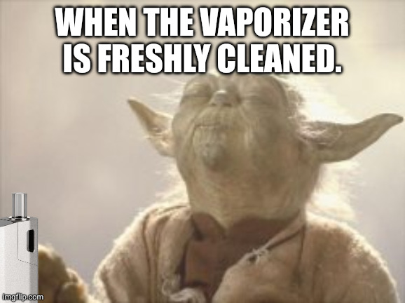 Satisfied Yoda holds a dry herb vaporizer in his hand. Text: "When the vaporizer is freshly cleaned."