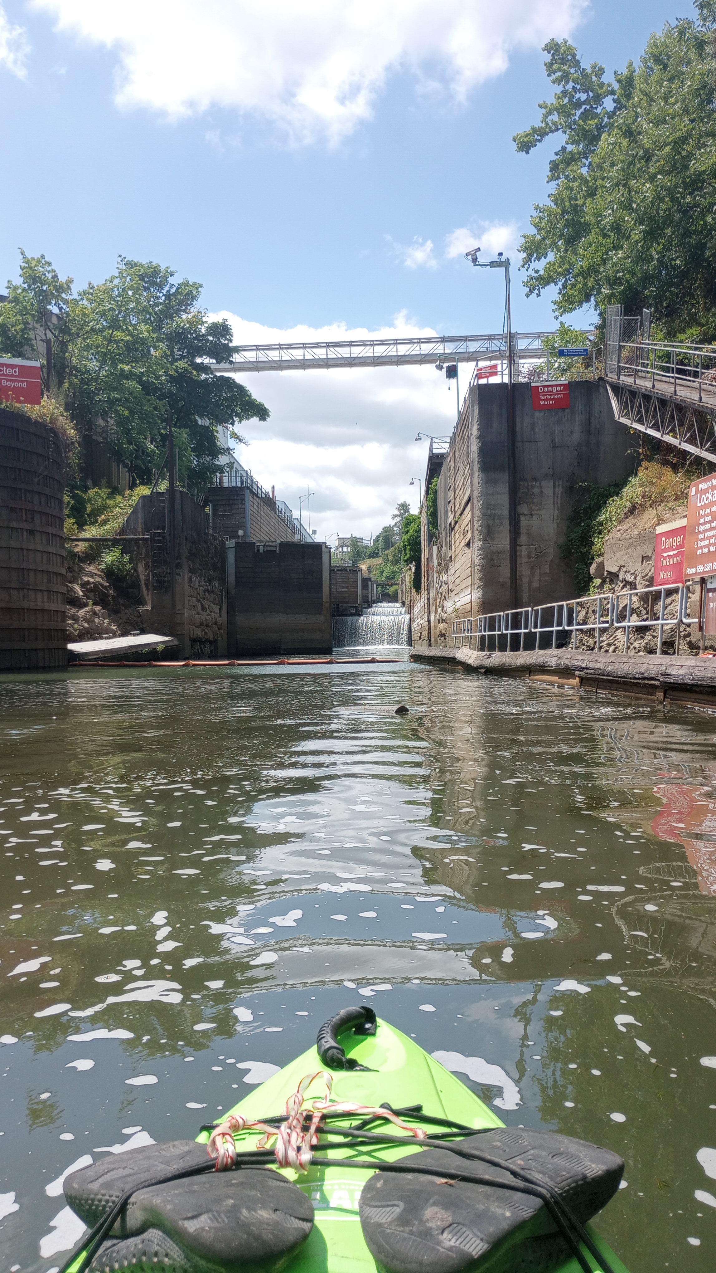 Cascade of 4 waterfalls and opened lock doors.