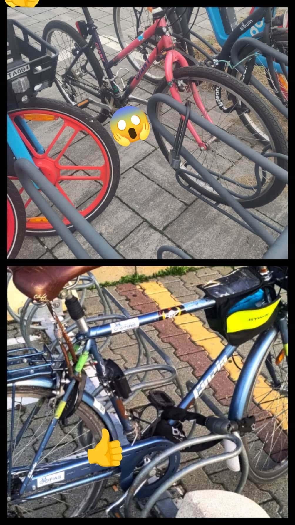  2 pictures. at the top: a mountain bike is leaning against a rack of those with a high structure. A U-lock ties an arm of the fork to the rack. Dismantling the wheel a thief takes everything. In the photo below: how I tie my bike to the uncomfortable racks, with low structure. The bike is straddling the structure, so I can easily tie the frame instead of just the wheel