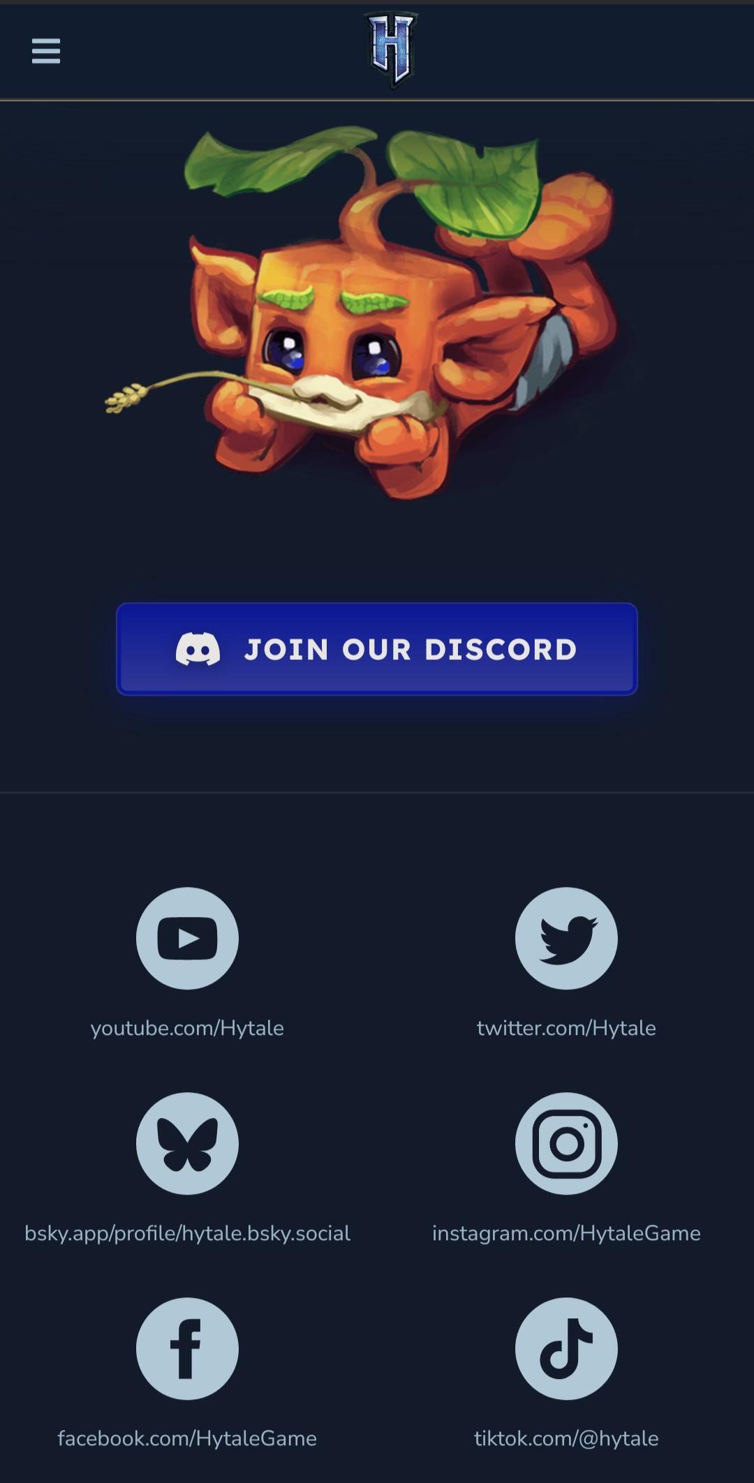 Screenshot of the Hytale website with icons for YouTube, X, Bluesky, Instagram, Facebook, and TikTok.