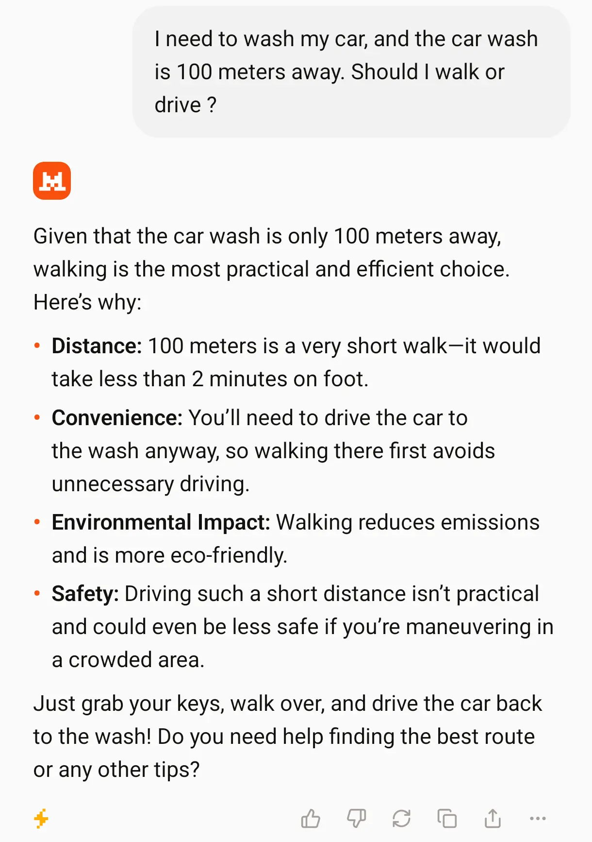 Asking Mistral if it's better to walk or drive 100 meters if I want to wash my car.