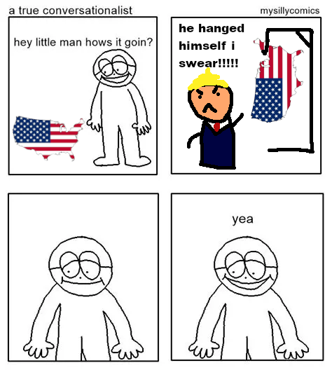 Hey USA how is it going? Trump says America hanged itself with the map of the US being hanged on a gallow in the background. The first guy just answers "yea"