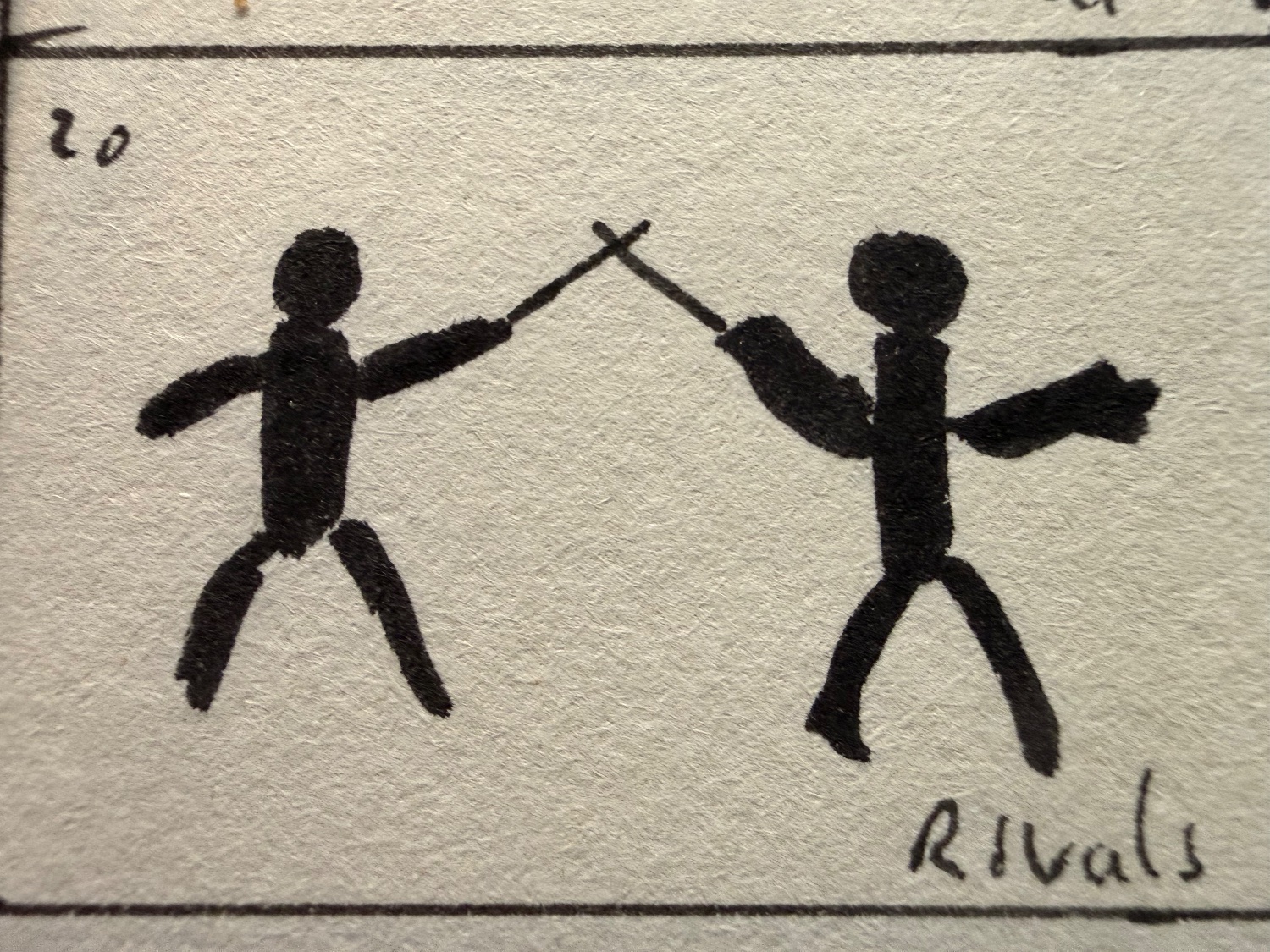 Two stick figures fighting with swords