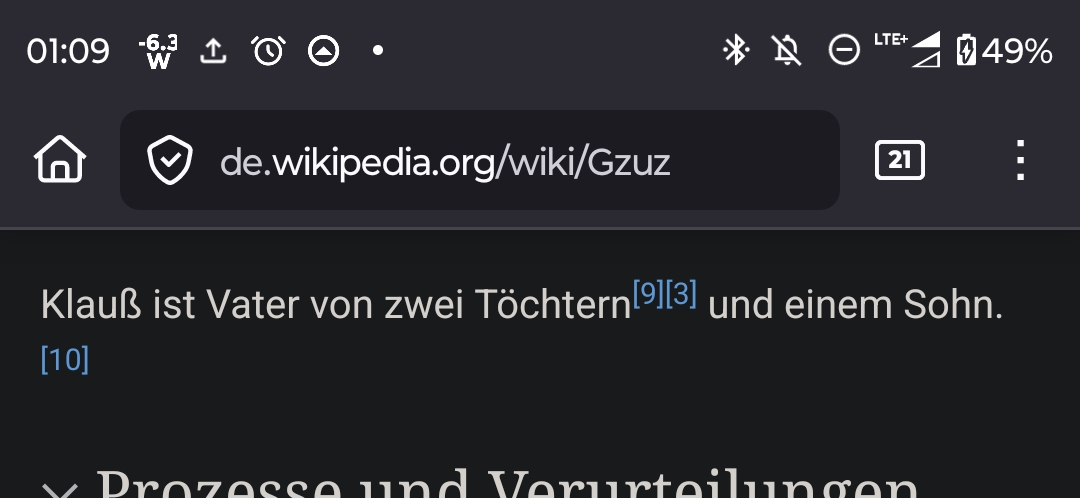Screenshot des Wikipediaartikels des Rappers Gzuz, im Bild relevant: "Klauß ist Vater von zwei Töchtern und einem Sohn"