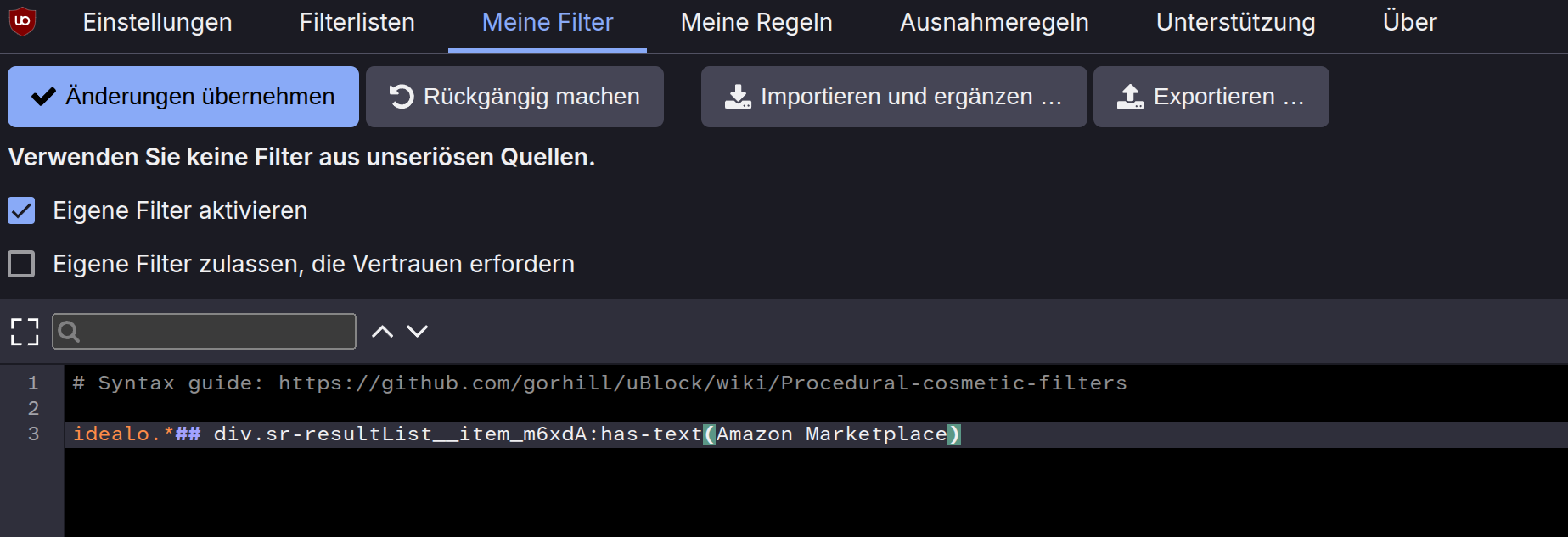 Screenshot from uBlock Origin settings in Vivaldi browser: In the Tab "My Filters", I have added the line of code I just mentioned.