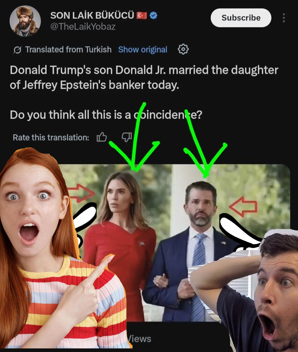 The same picture (of Don Jr. and Epstein's banker's daughter), but with two stupid surprised YouTube thumbnail faces each pointing a finger