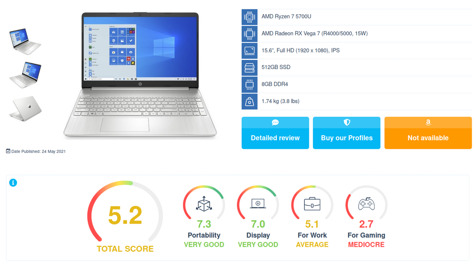 Silver HP laptop open on a white background, shown with three smaller angled views on the left. On the right is a specs panel listing AMD Ryzen 7 4700U, AMD Radeon RX Vega 7 graphics, 15.6-inch FHD IPS display, 512GB SSD, 8GB DDR4, and weight 1.74 kg. Along the bottom are review scores: total 5.2, portability 7.3, display 7.0, for work 5.1, and for gaming 2.7.