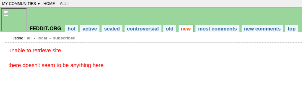Startseite von feddit.org samt Fehlermeldung „unable to retrieve site. there doesn't seem to be anything here“