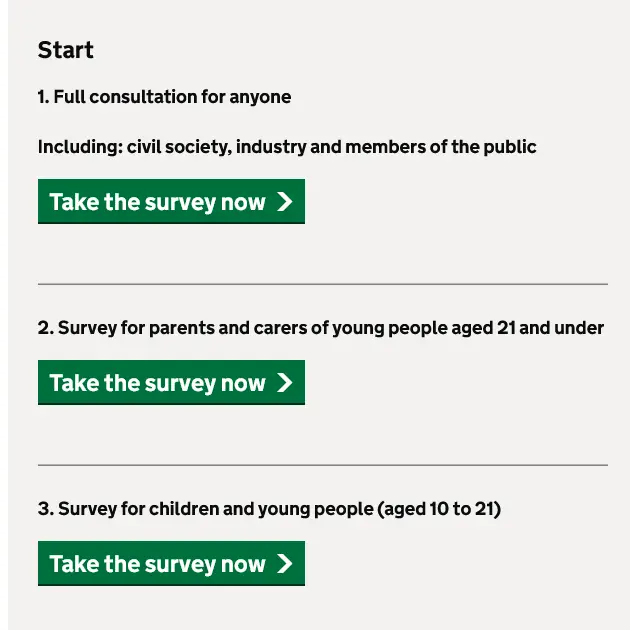 image of the 3 different surveys you can do; one is for all adults, one for parents and one for youngsters.