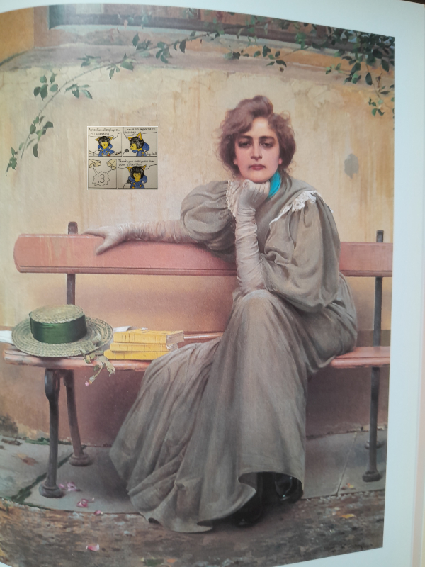 painting of a woman in fancy clothes sitting on a bench and looking at the camera. One arm is stretched over the backrest of the bench, while the other on her knee and the hand supporting her chin. She has a very neutral expression. In the background there's a screenshot of OP's meme superimposed, like a poster hung against the wall. A thin branch with some leaves stretches over the scene.