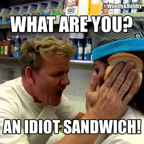 Image macro showing Gordon Ramsay, a chef celebrity, holding two slices of bread over both ears of a woman. The text says "what are you? an idiot sandwich!"