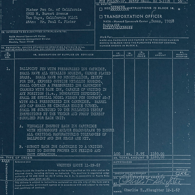 Original Space Pen Purchase Order from NASA