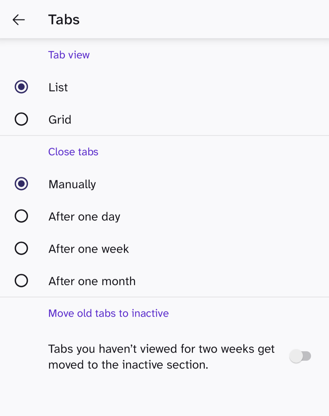 screenshot of tab options in Firefox for Android, showing options to switch between list and grid layout, an option to close tabs automatically after a day, a week, a month, or manually, and a toggle to set tabs as inactive if they haven't been viewed two weeks