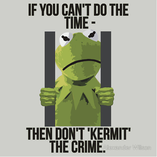 Image of Kermit the frog behind bars captioned "if you can't do the time, then don't 'kermit' the crime."
