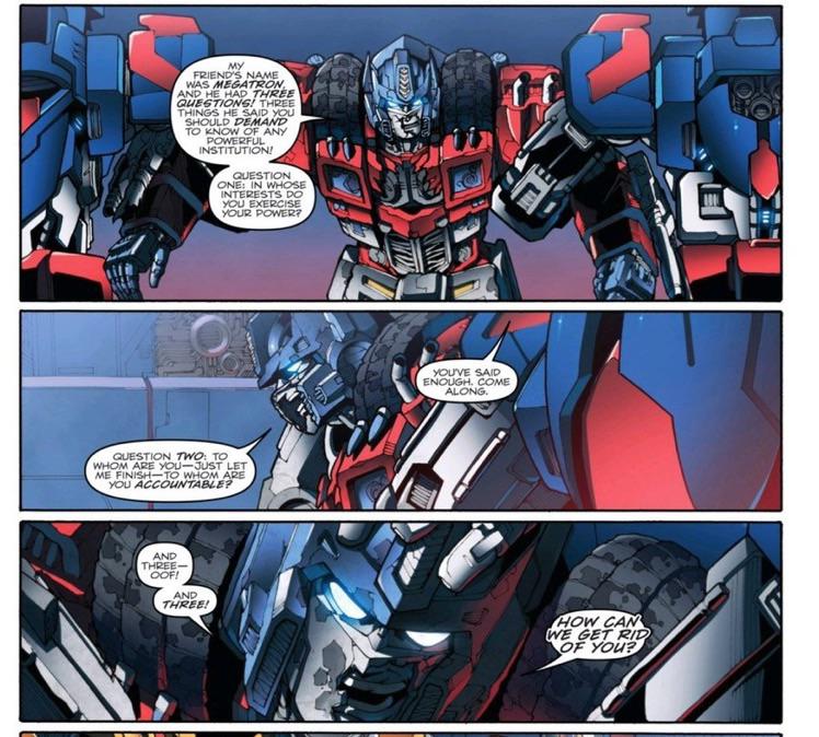3 questions to powerful institutions by Megatron — 2005 IDW continuity The Transformers 2011 Issue #23 Chaos Theory Part 2