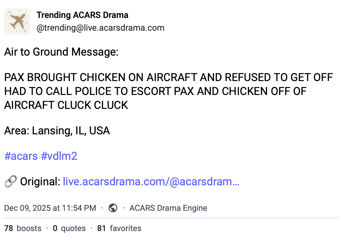 Air to Ground Message:   PAX BROUGHT CHICKEN ON AIRCRAFT AND REFUSED TO GET OFF HAD TO CALL POLICE TO ESCORT PAX AND CHICKEN OFF OF AIRCRAFT CLUCK CLUCK   Area: Lansing, IL, USA 