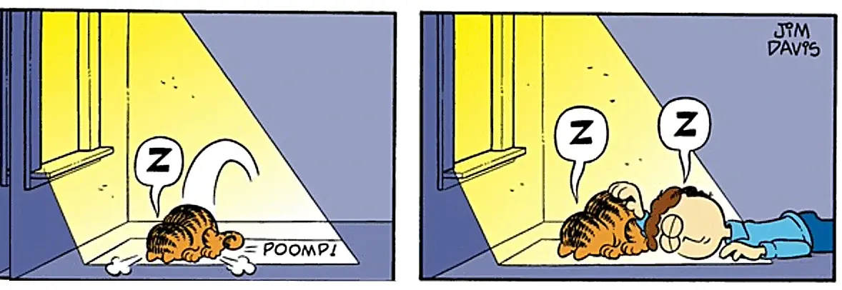 1st panel: Garfield falls asleep on the floor. 2nd Panel: Jon also falls asleep on the floor.