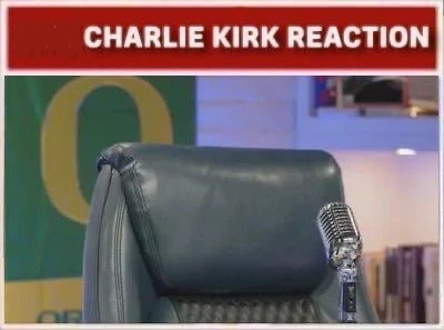 The previous image (a picture of an empty chair behind a mic with the caption "Live Charlie Kirk Reaction", edited to remove "Live" from the caption