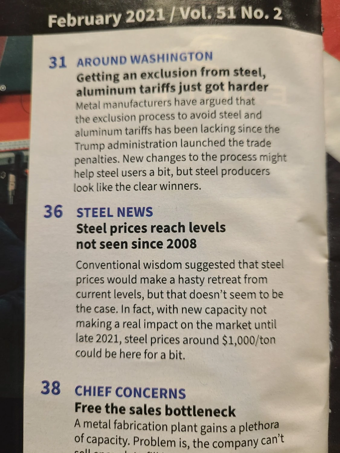 Table of contents in a manufacturing magazine from Feb '21 show largely the same concerns as those of Mar '25.