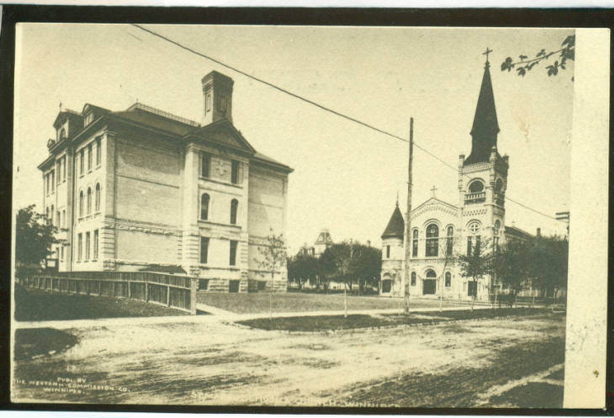 St. Mary's School & Church in Winnipeg, Manitoba (353 St Mary Ave.) c. 1910 Postcard from the Martin Berman Postcard Collection at the Winnipeg Public Libraries. Originally published by The Western Commission Co.