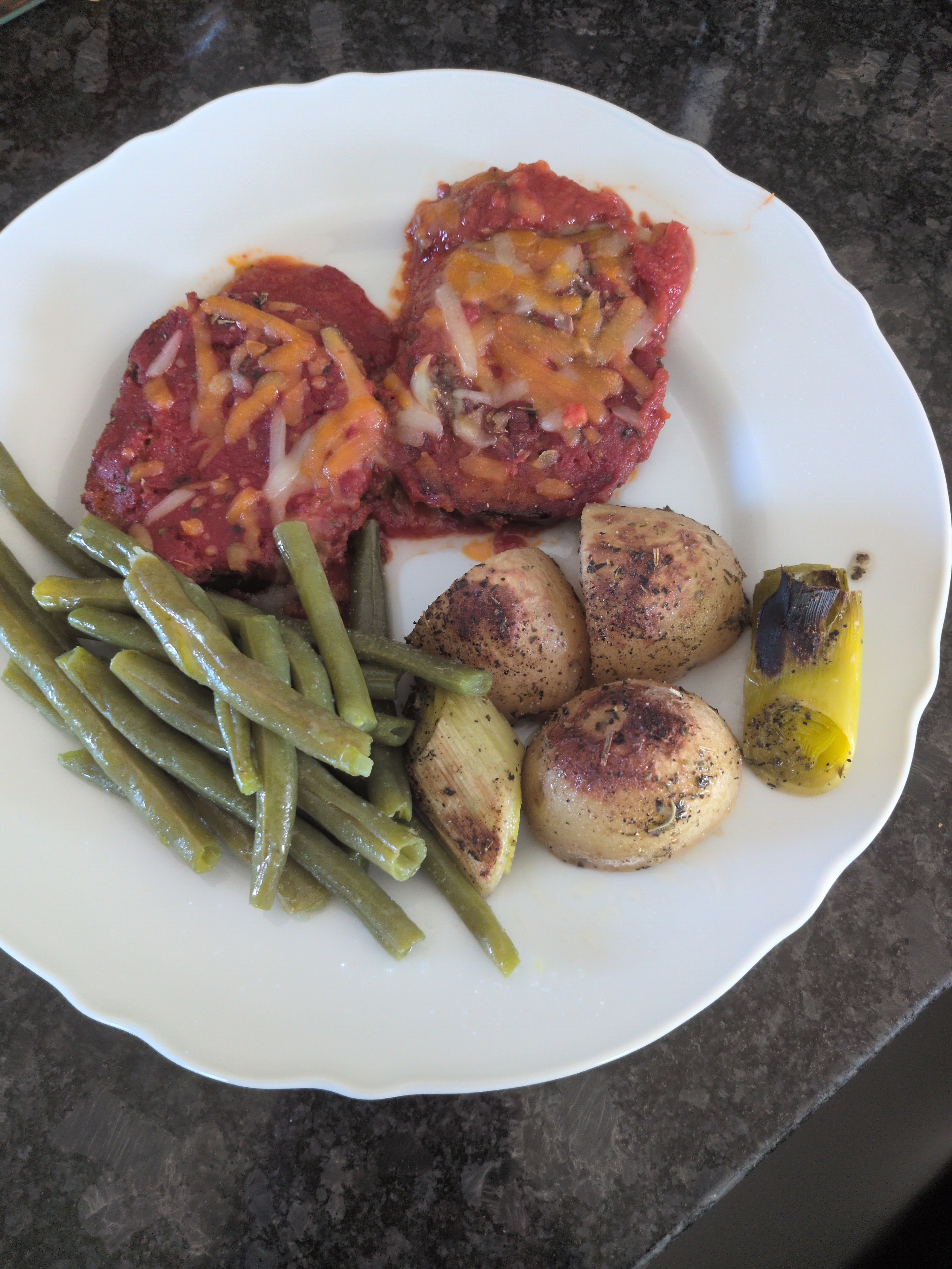 Vegan Egplant Parm with Potatoes, Leaks and Green Beans