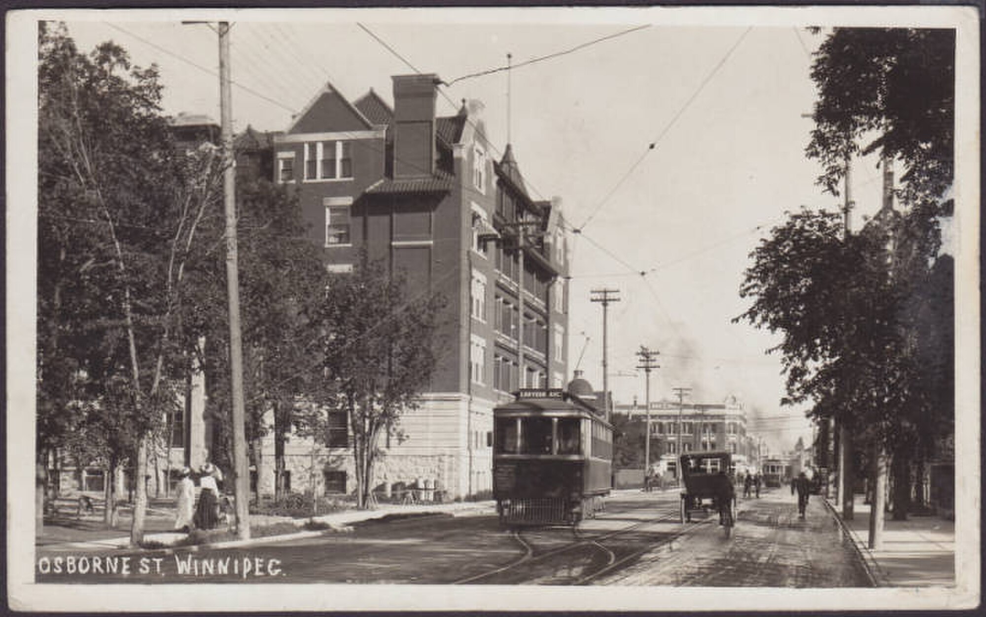 Postcard of Osborne St. (Winnipeg, Manitoba) with streetcar c. 1909 Postcard from the Rob McInnes Postcard Collection at the Winnipeg Public Libraries. Originally published by Lyall Commercial Photo Co., Ltd. Anonomous, from Wikimedia Commins