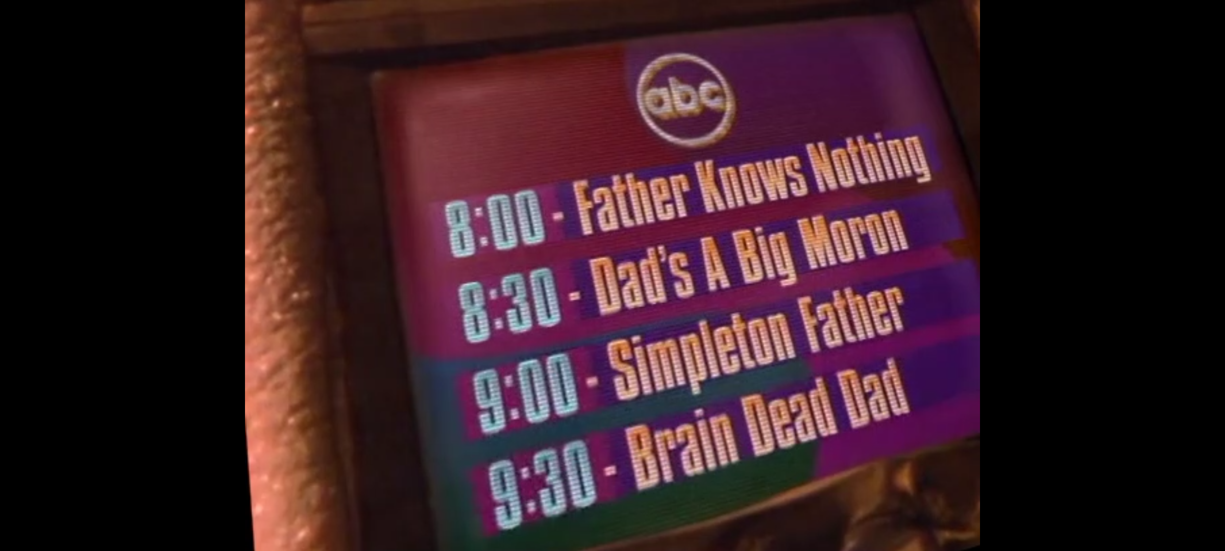 Screenshot of Dinosaurs TV show showing a TV with show titles "father knows nothing", "dad's a big moron", "simpleton father", and "brain dead dad".
