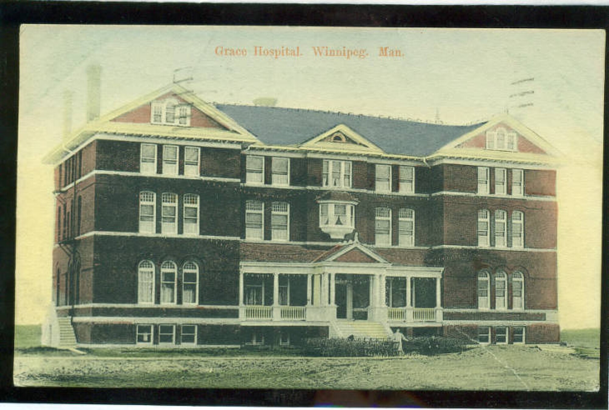 Postcard: Colour lithograph of the Grace Hospital (at former Preston Ave. location) in Winnipeg, Manitoba (brick building with covered front porch). Mailed May 13, 1907 from Lonnie L. C. to Miss Louise M. Gray. Part of Rob McInnes Postcard Collection (Winnipeg Public Libraries). Unknown author, from Wikimedia Commons