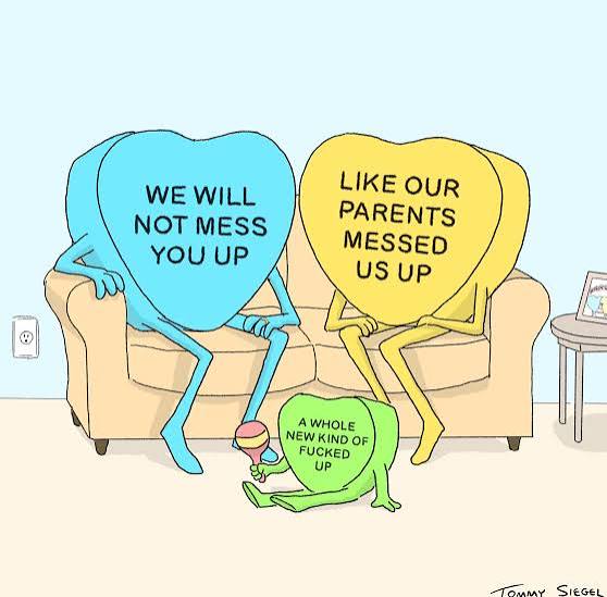 Two larger candy hearts with arms and legs sit on a couch with a smaller candy heart holding a rattle sitting on the floor in the foreground. The text on the two "adult" candy hearts reads "WE WILL NOT MESS YOU UP" "LIKE OUR PARENTS MESSED US UP" and the text on the child candy heart says "A WHOLE NEW KIND OF FUCKED UP"