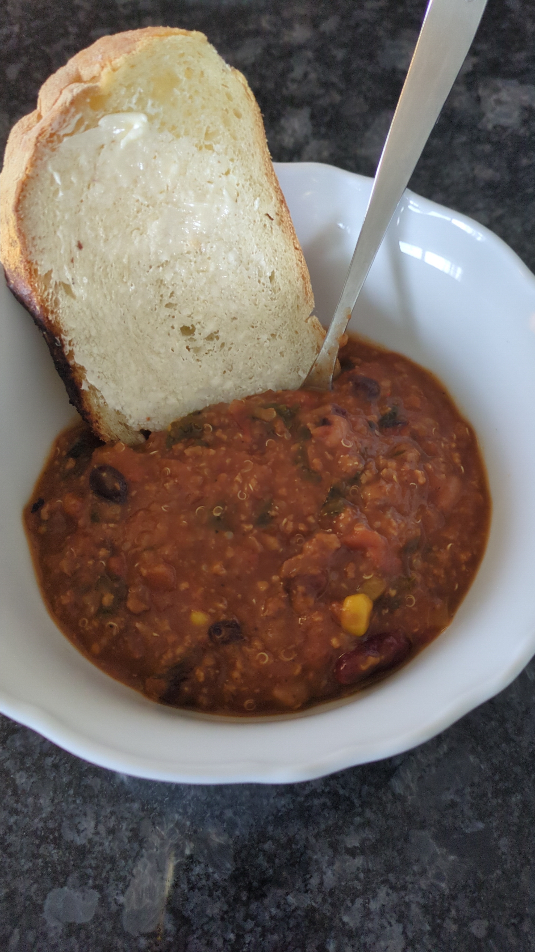 bean chilli and homemade bread