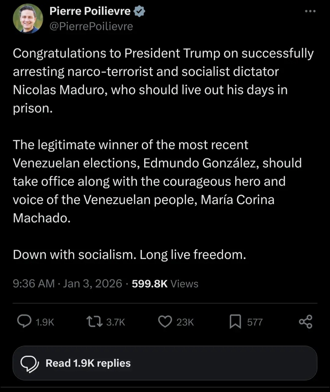 Poilievre congratulates Trump on invading Venezuela