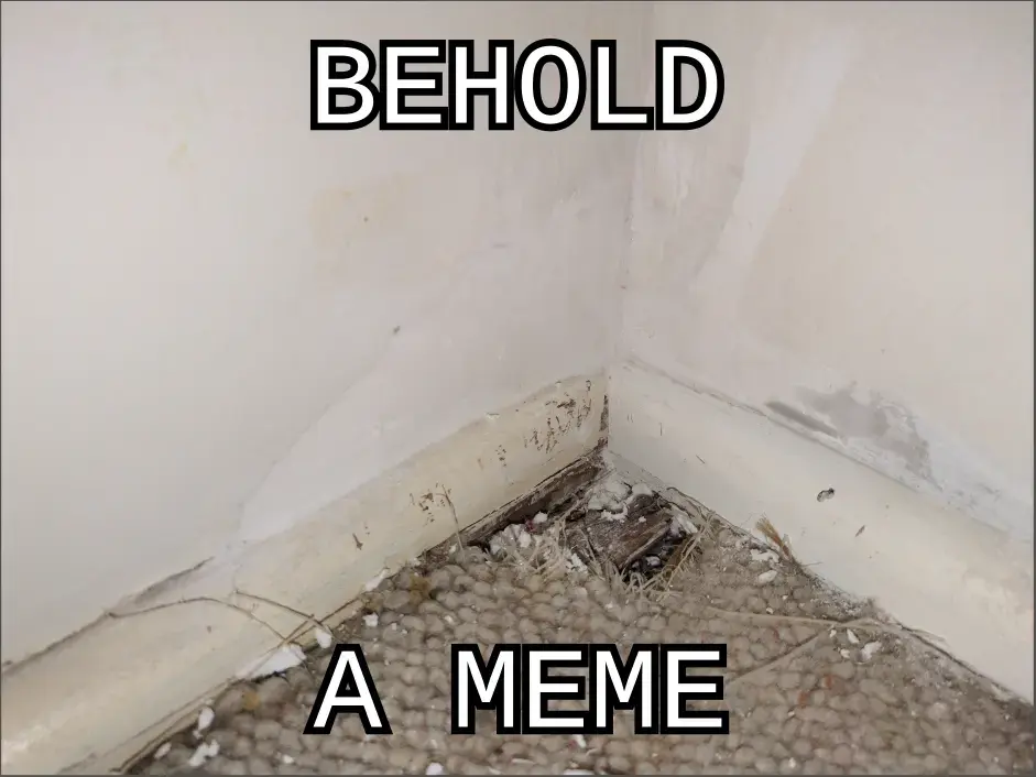 A random image of a room corner with the the text "Behold A Meme" written on it.