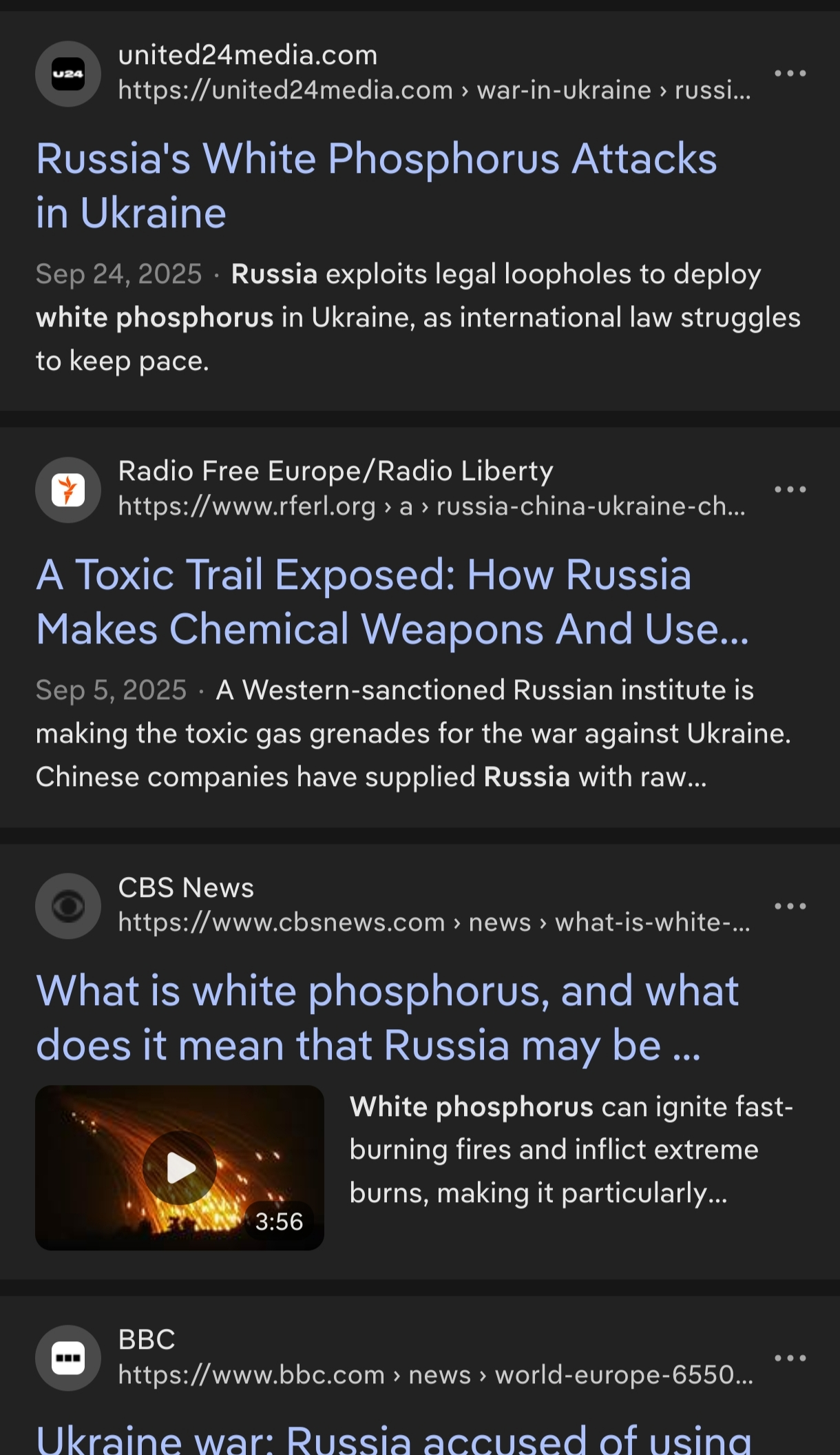 DuckDuckGo search feed displaying several articles from mainstream western sources discussing Russia's use of white phosphorus