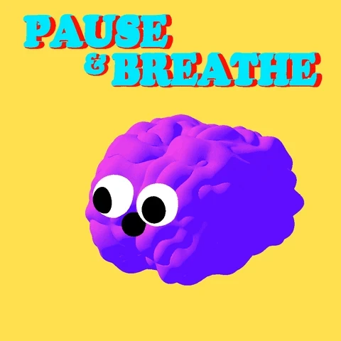 a pulsating purple brain with eyes and a mouth blowing air out against a yellow background with the text "pause & breathe"