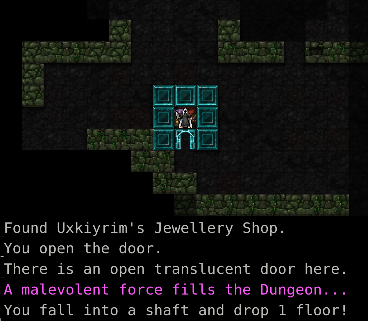 Screenshot of the game Dungeon Crawl Stone Soup. The player character has just walked onto the tile of an item shop. The tile was apparently trapped, so they fall into a shaft.