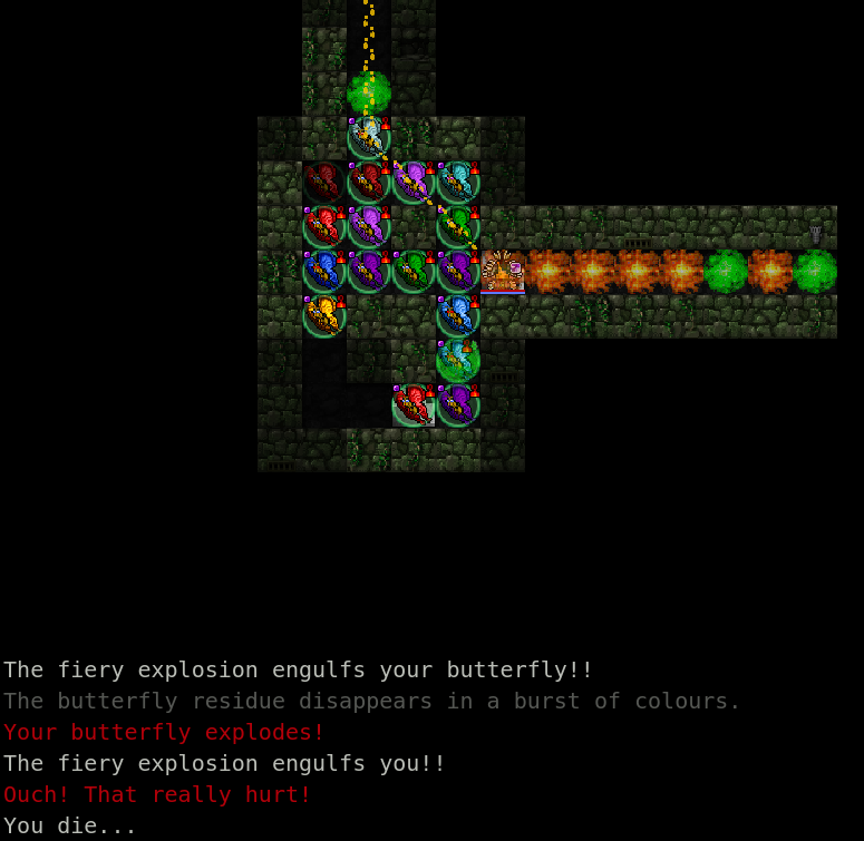 Screenshot from the game Dungeon Crawl Stone Soup with lots of butterflies to the left of the player character. To the right and inside the player character are explosions. There's poison gas dotted around.