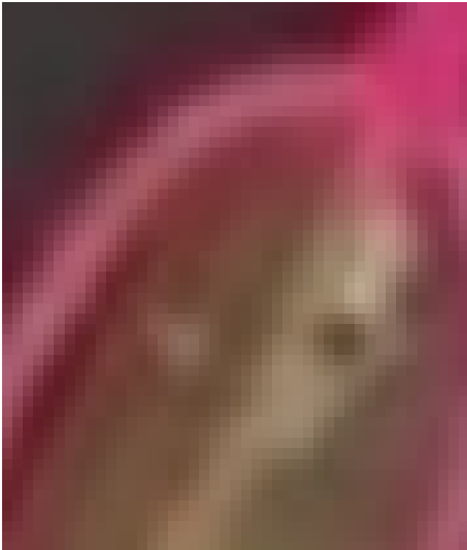 zoomed cropped of the pink mirror. There's a creepy grey face like image in it.