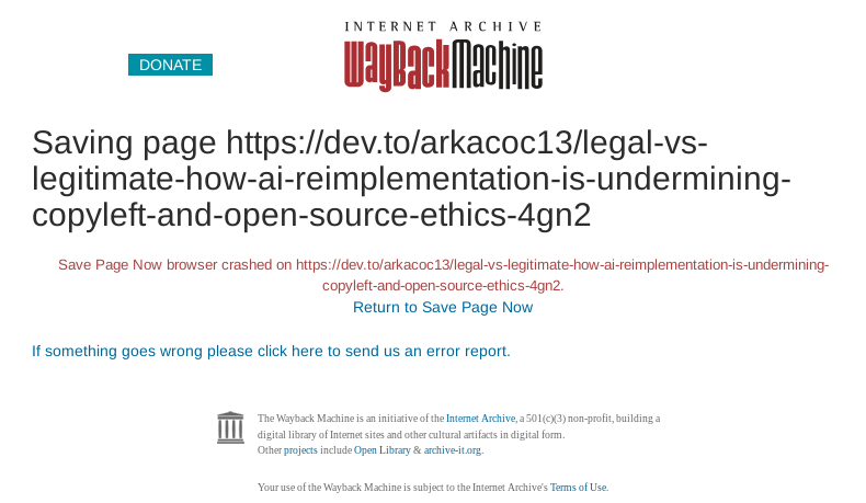 archive.org screenshot showing error message saying their browser crashed