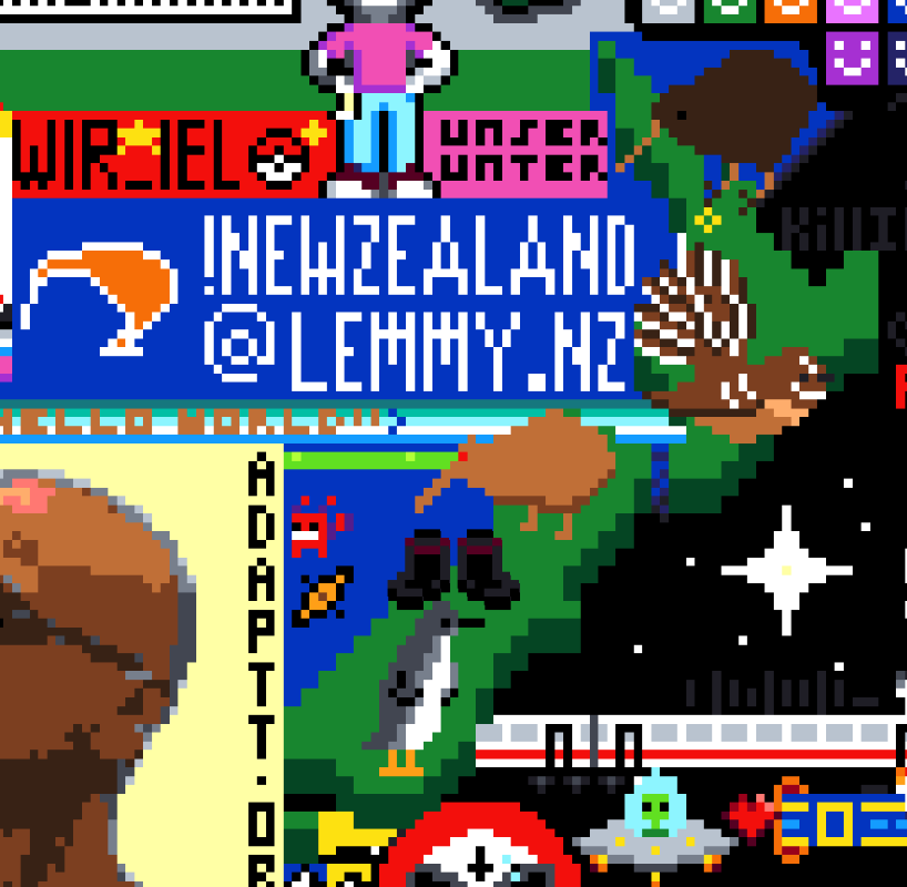 screen shot of our final version of the canvas showing !newzealand@lemmy.nz and the kiwi from the community logo, a map of NZ with a kiwi, fantail, laser kiwi, gumboot, and a little penguin and a kayak