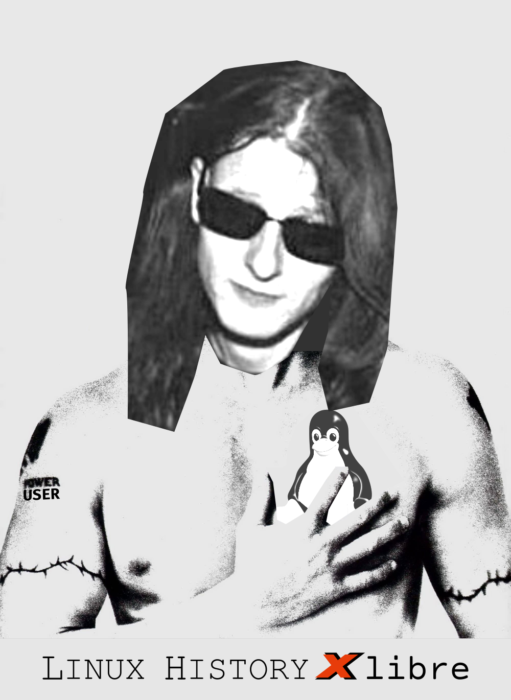 A movie poster of American History X edited to replace Edward Norton's Derek Vinyard with Xlibre's founder.  He has "POWER USER" tattoo on his shoulder instead of "WHITE POWER" and an image of Tux tattooed on his chest instead of a Nazi swastika.  The caption "LINUX HISTORY Xlibre" is at the bottom of the image.  The "X" in "Xlibre" is from the logo of the Xlibre project.