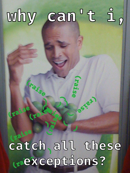 A guy is trying to hold many limes.  There are too many of them, so some are falling out of his arms.  He is taking the situation rather humorously, with a laughter.  There are captions saying:  "why can't i, catch all these exceptions?" with a bunch of Scheme "(raise )" with the limes right after the "raise" and before the closing parentheses.  The limes and not being able to hold them all is a metaphor for exceptions, a bad idea in programming language design, and the impossible task of correctly handling them all.